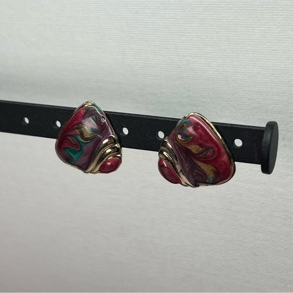 Vintage Gold Tone and Purple/Green Enamel Stud Earrings - Picture 7 of 9